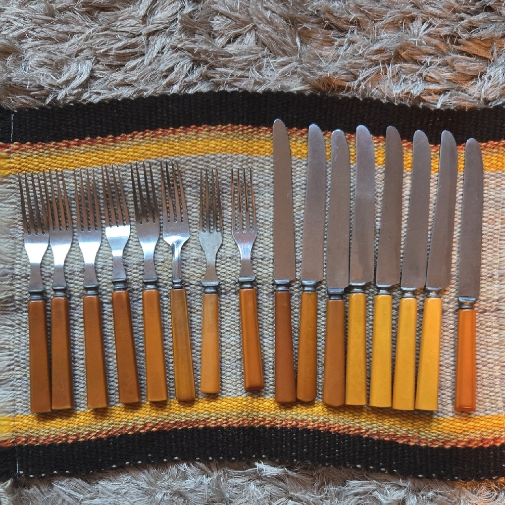 Vintage Bakelite Yellow and Brown Cutlery Set